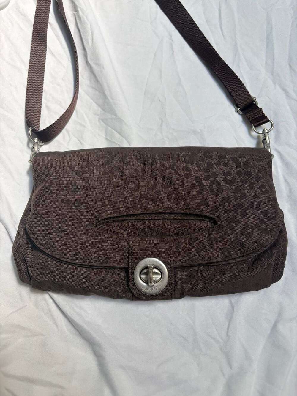 Baggallini Espresso Cheetah-Embossed Foldover Turnlock Convertible Crossbody Bag